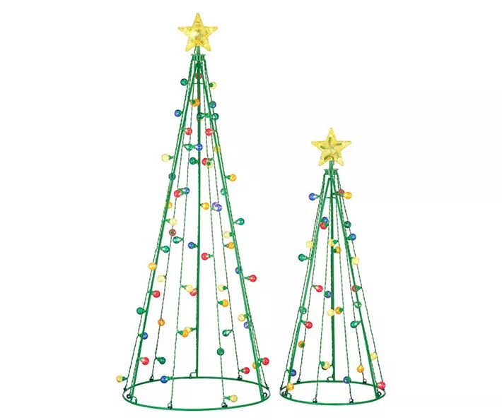 two metal christmas trees with lights and stars on each tree, one is green and the other is gold