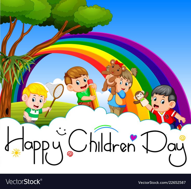 happy children's day greeting card with kids holding tennis rackets in front of a rainbow