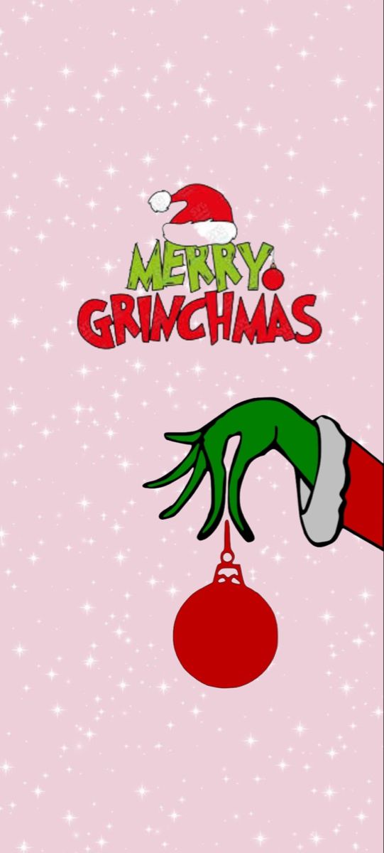 a christmas card with an image of a hand holding a red ornament and the words merry grinmas on it