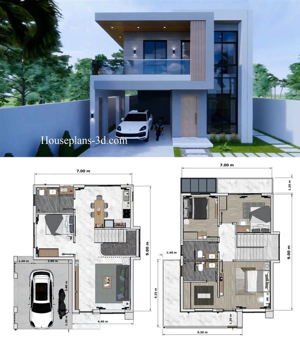 two story house plans with garage and living room in the front, one bedroom on the second