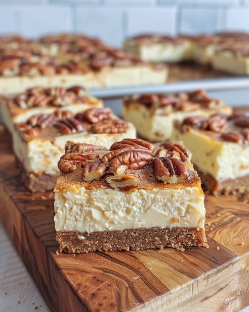 several pieces of pecan cheesecake on a cutting board