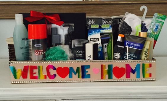 a welcome home sign with personal care items in it