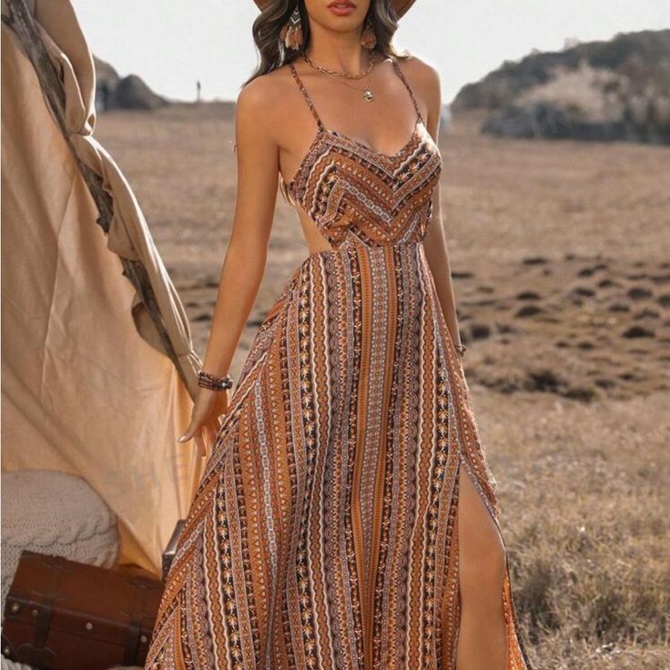 Shein Maxi Dress Crisscross Open Back Never Worn, Needed Smaller Size Fitted Bohemian Maxi Dress With Split, Sleeveless Brown Maxi Dress For Beach Season, Brown Sleeveless Maxi Dress For Beach Season, Brown V-neck Maxi Dress For Beach, Brown Maxi Dress For Beach Season, Brown Summer Maxi Dress For Beach, Brown Maxi Dress For Beach, Brown Midi-length Maxi Dress For Beach, Brown Midi Length Maxi Dress For Beach