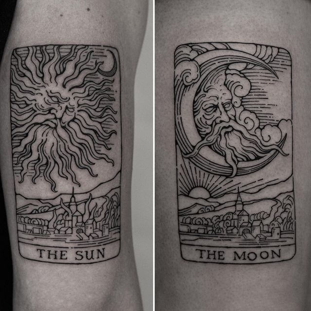 the sun and the moon tattoo on both forearms are shown in black and white