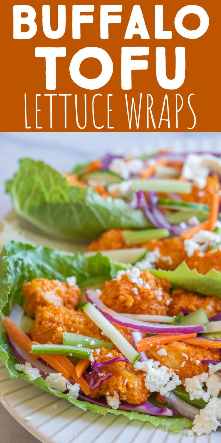 this buffalo tofu lettuce wraps is loaded with carrots, onions, and feta cheese