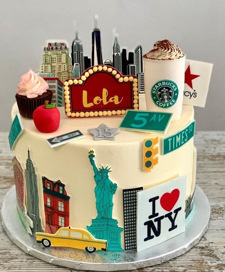 a cake decorated with the symbols of new york