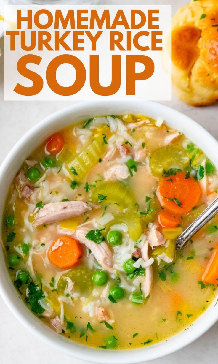 a bowl of homemade turkey rice soup with carrots and celery