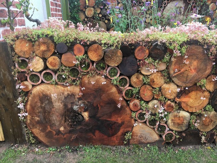 there are many different types of wood in this garden wall that is made out of logs