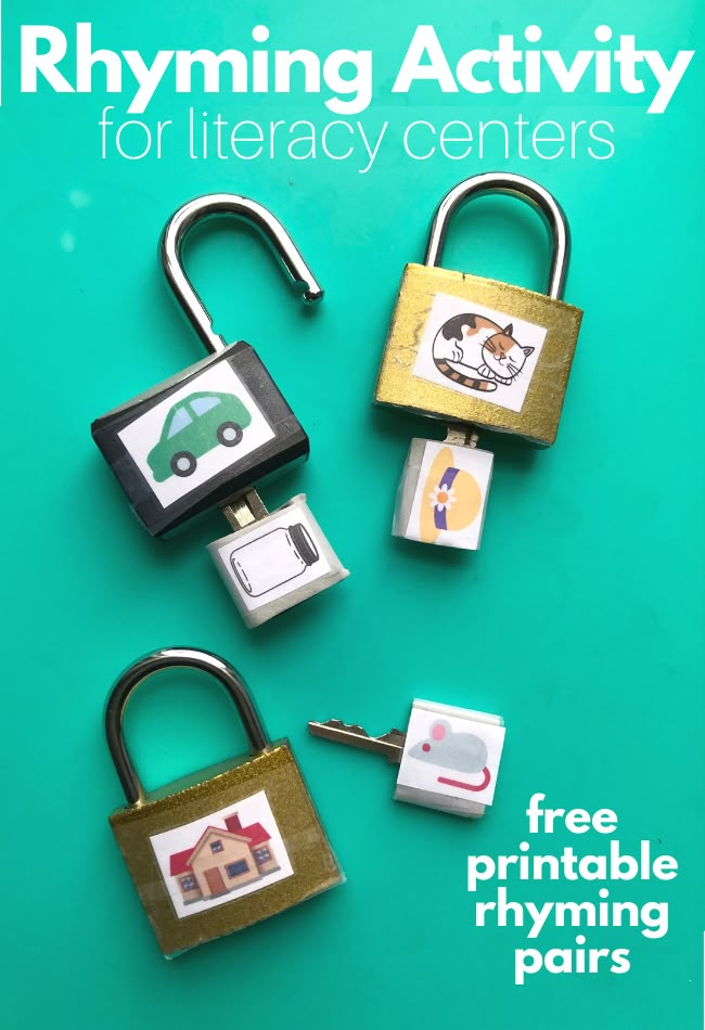 four padlocks with pictures on them and the words rhyming activity for library centers