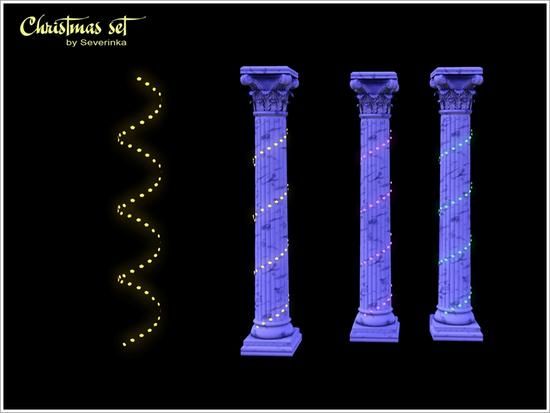 three columns with lights on them and the words christmas set written in white letters, against a black background