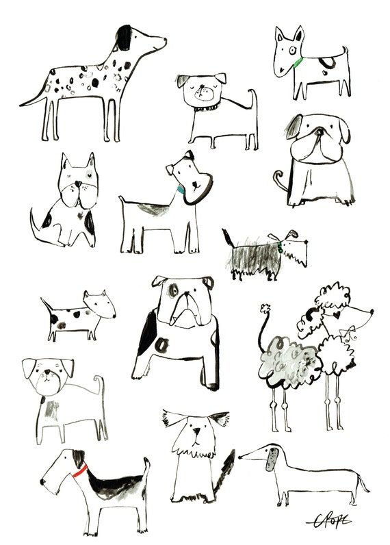 an image of dogs drawn in black and white