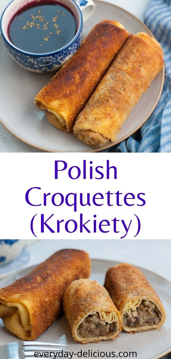 two different types of croquettes on a plate with the words polish croquettes krokiety