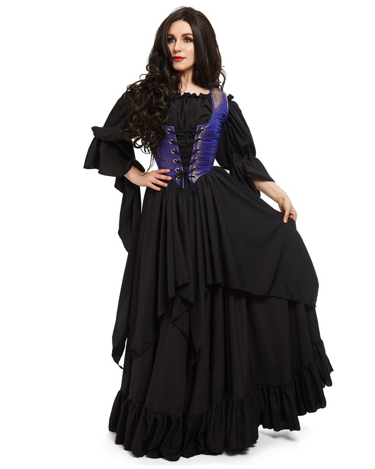 This Lovely Sorceress Costume includes the Bodice, Underskirt and ChemiseThis lovely chemise has it all- Dramatic elongated sleeves, 4 point skit and a fitted, smocked waist. The full ruffle skirt is long enough to be tucked in or worn over a hoop skirt. The drawstring allows for a wonderful fit (see sizing below). The costume is tied together by the brightly colored bodice- in a stunning brocade. Sizing:Bodice Sizing (in inches):Size Bust Waist Lengths/m 34-36 26-28 16"l/xl 38-40 30-32 16"1X/2X Elven Medieval Dress For Cosplay Events, Gothic Overbust Costume For Cosplay Events, Black Corset Dress For Halloween Fantasy Events, Gothic Overbust Costume For Cosplay, Halloween Underbust Costume For Costume Party, Witchy Overbust Corset Dress For Cosplay, Witchy Corset Dress For Halloween Costume, Gothic Cosplay Costume For Medieval Festivals, Witchy Overbust Cosplay Dress