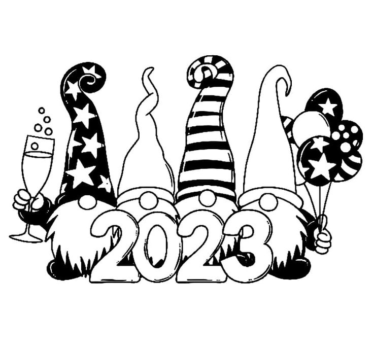 the new year coloring page for 2013 with balloons, stars and hats in black and white