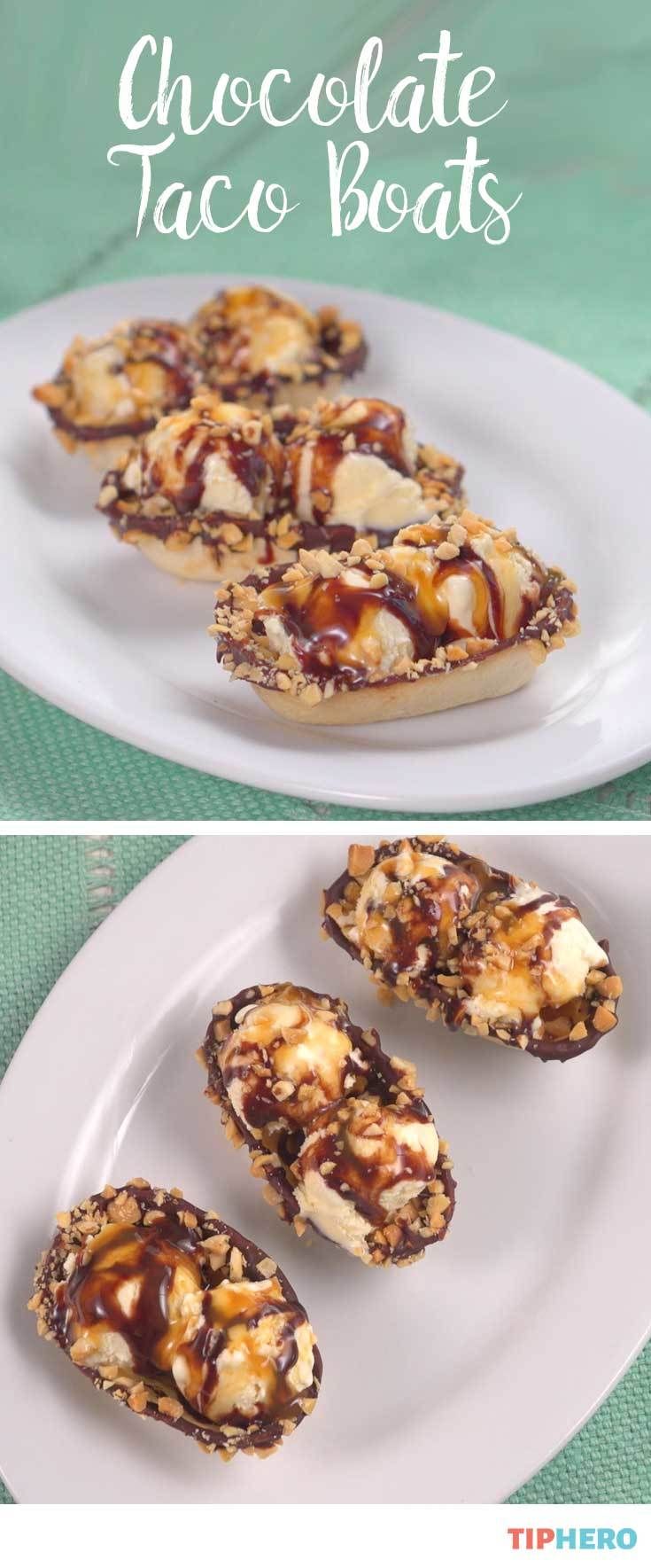 chocolate taco boats on a white plate with text overlay that reads, chocolate taco boats