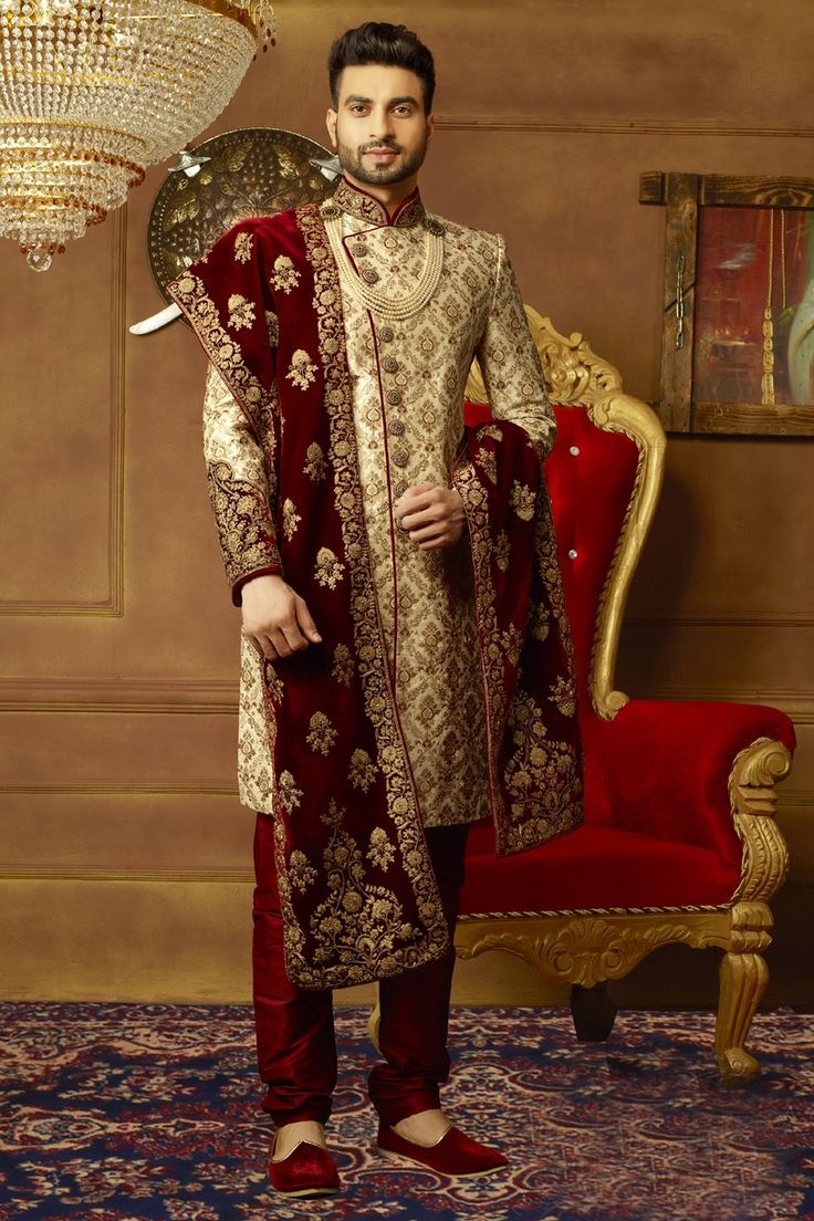 Gold and Maroon Mens Sherwani - Desi Royale Orang India, Indian Groom Dress, Portraits Painting, Sherwani For Men Wedding, Wedding Kurta, Groom Dress Men, Wedding Outfits For Groom, Indian Groom Wear, Wedding Dresses Men Indian