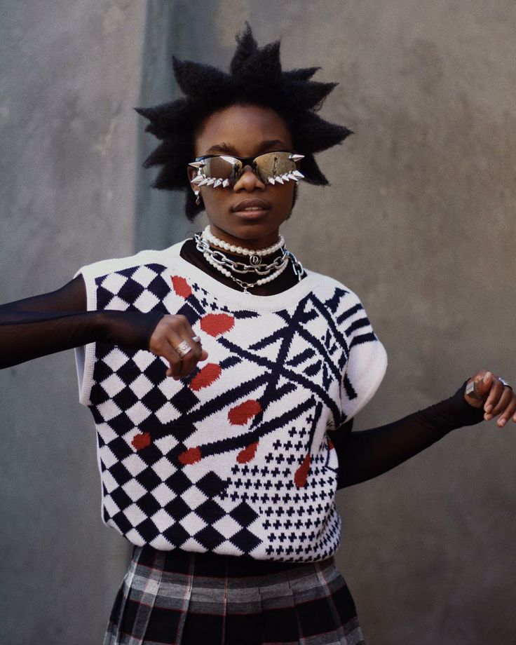 #punk #model #spikes "black #afro #africa #alt #sweatervest #patterns Punk Hair Black Woman, Afro Liberty Spikes, Star Afro Hair, Afro Punk Aesthetic, Afro Punk Hair, Black Punk Hairstyles, Punk Rock Hairstyles, Afropunk Outfits, Star Afro