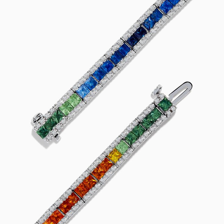 two bracelets with multicolored stones and diamonds on each side, one in white gold