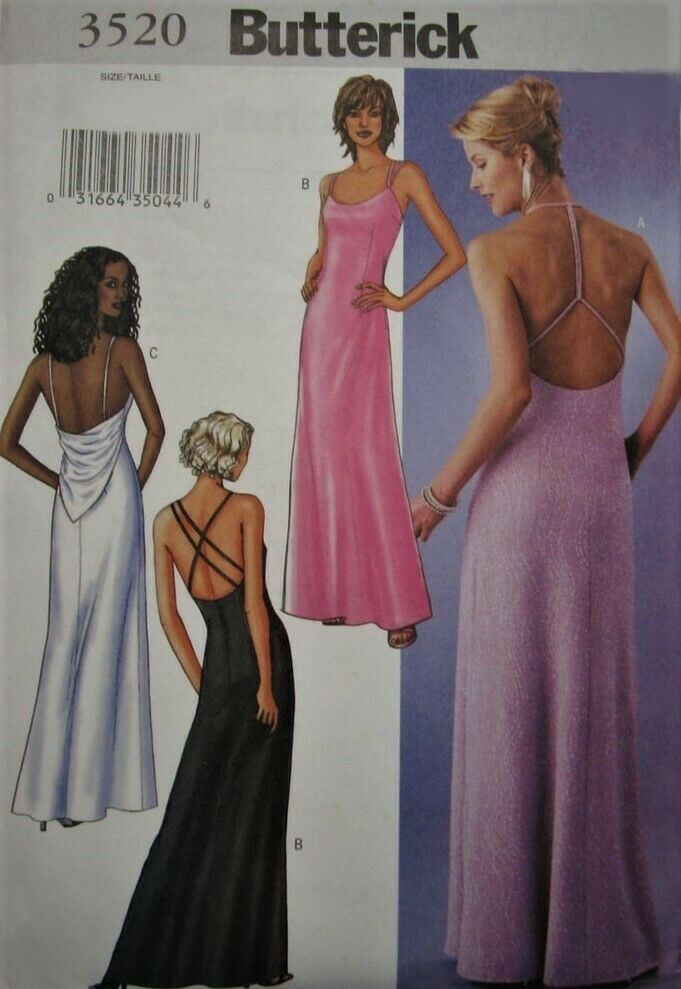 two women in evening gowns and one wearing a halter top sewing pattern from butterick