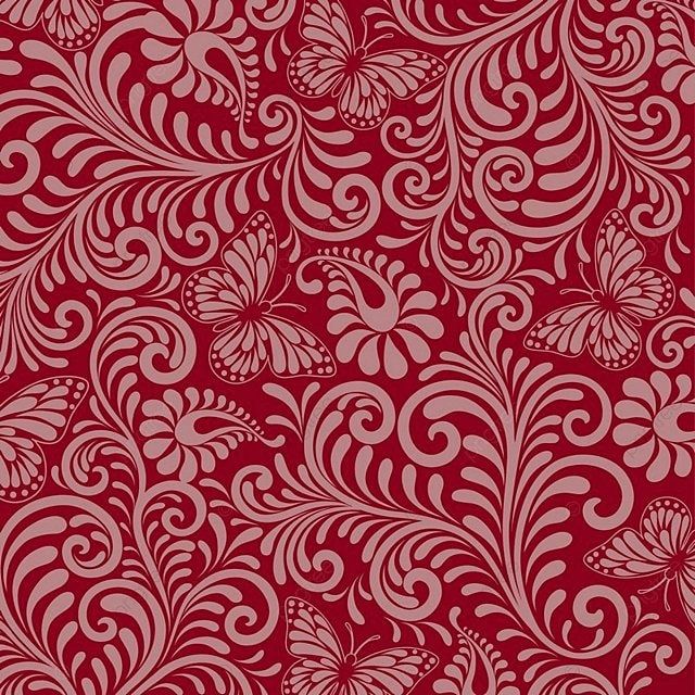 a red and white background with swirls and flowers on it's side,