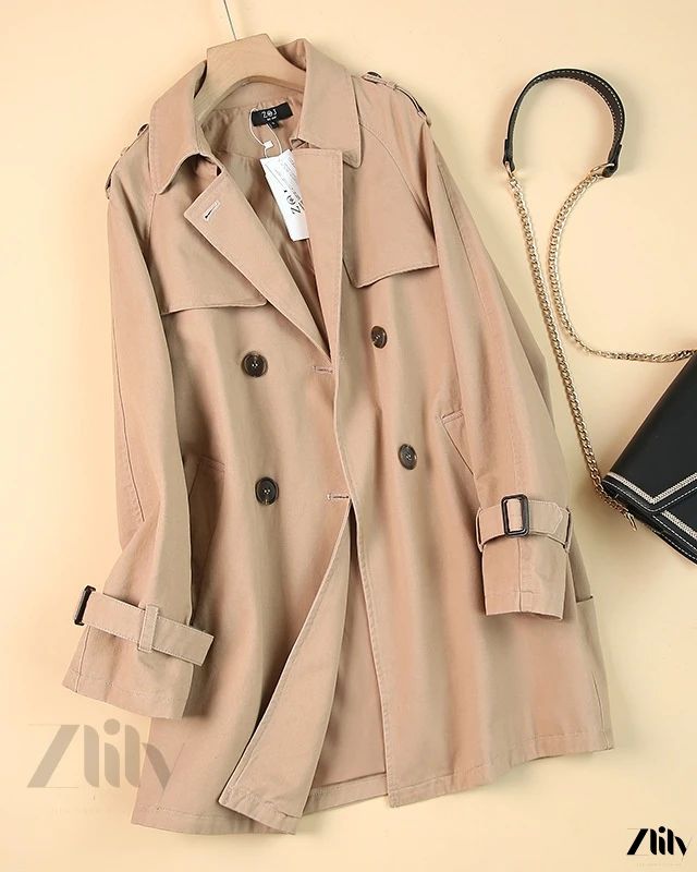 Zlily - Cotton Long Coat Workwear Jacket Spring Cotton Outerwear With Stand Collar, Fall Outerwear With Double Button And Stand Collar, Khaki Pea Coat With Pockets For Spring, Khaki Stand Collar Outerwear For Spring, Spring Khaki Outerwear With Stand Collar, Khaki Outerwear With Lapel Collar For Fall, Spring Stand Collar Khaki Outerwear, Khaki Double-breasted Fall Blazer, Oversized Double-breasted Khaki Outerwear