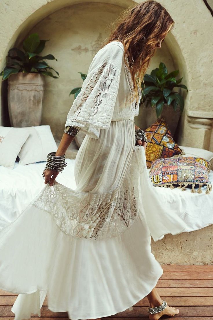 Pleated Splicing Lace Beach Cover Up Maxi Dress Bohemian Schick, Moda Hippie, Boho Chique, Boho Mode, Mode Hippie, Bohemian Mode, Estilo Hippie, Boho Fashion Bohemian, Mode Boho