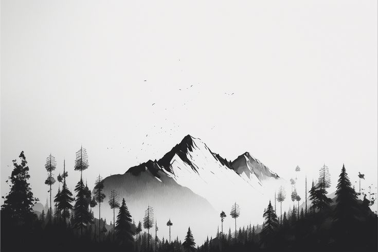 a black and white photo of a mountain with pine trees on the side in foggy weather