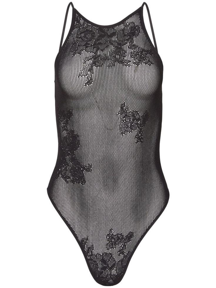 black mesh design sheer floral-lace detailing round neck racerback sleeveless Just a reminder that this piece must be tried on over your own garments. Lace Swimwear, Knitted Design, Knit Texture, Knit Lace, Pointelle Knit, Bodysuit Black, Mesh Bodysuit, City Dress, Just A Reminder