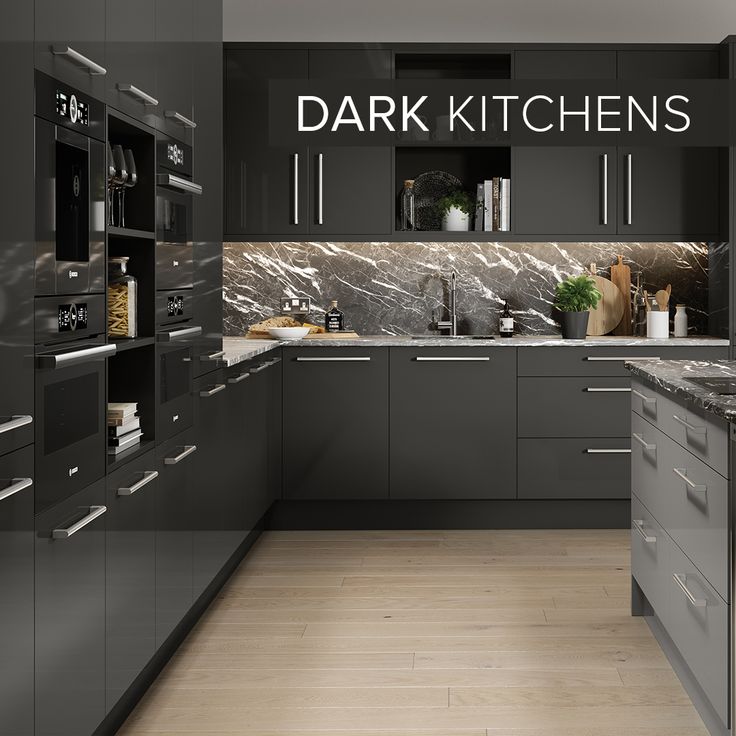 a kitchen with gray cabinets and marble counter tops is pictured in this image, the words dark kitchens are above the sink