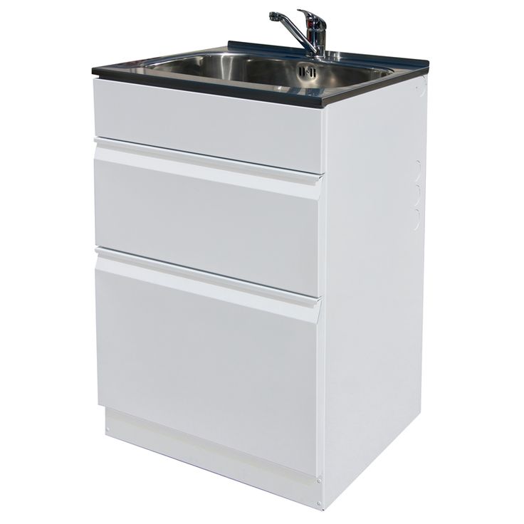 a white sink with two drawers and a faucet