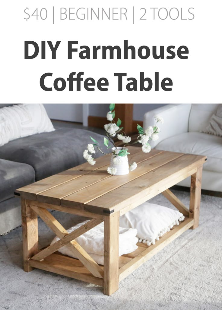 a coffee table made out of wood with the words diy farmhouse coffee table on it