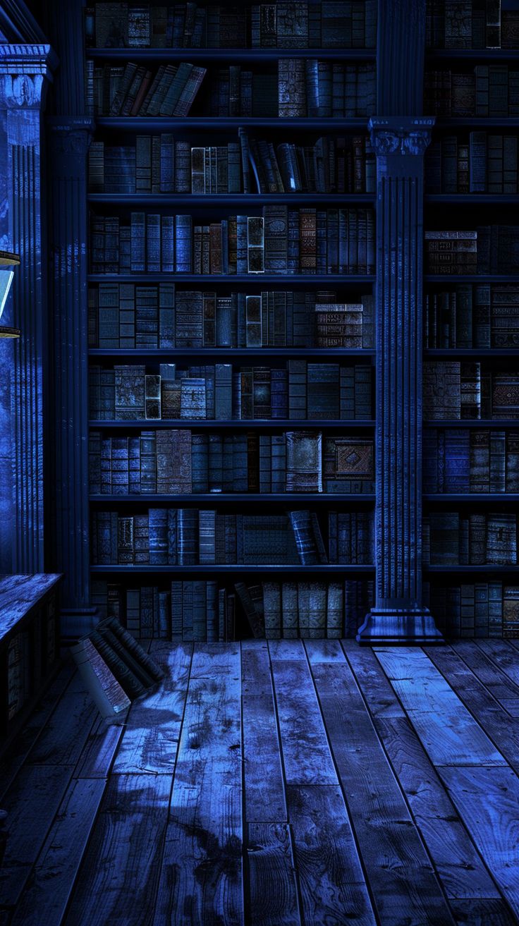 an empty room with bookshelves full of books in the dark, 3d rendering