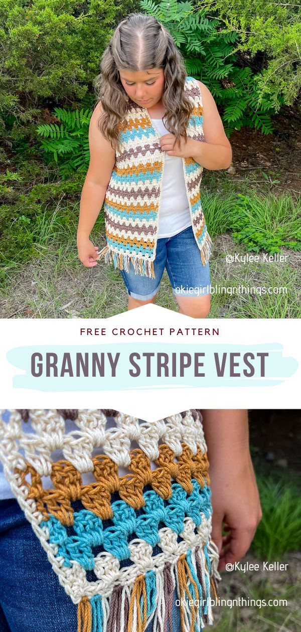 Crochet Granny Stripe Vest Crochet Fringe Vest Pattern Free, Granny Square Kids Vest, Granny Stitch Vest Pattern, Crochet Granny Square Vest Pattern Free Easy, Granny Stripe Cardigan Pattern Free, Crochet Long Vest Pattern Free, Crochet Open Vest Free Pattern, Crochet Vest Cardigan, Crochet Summer Vest Free Pattern