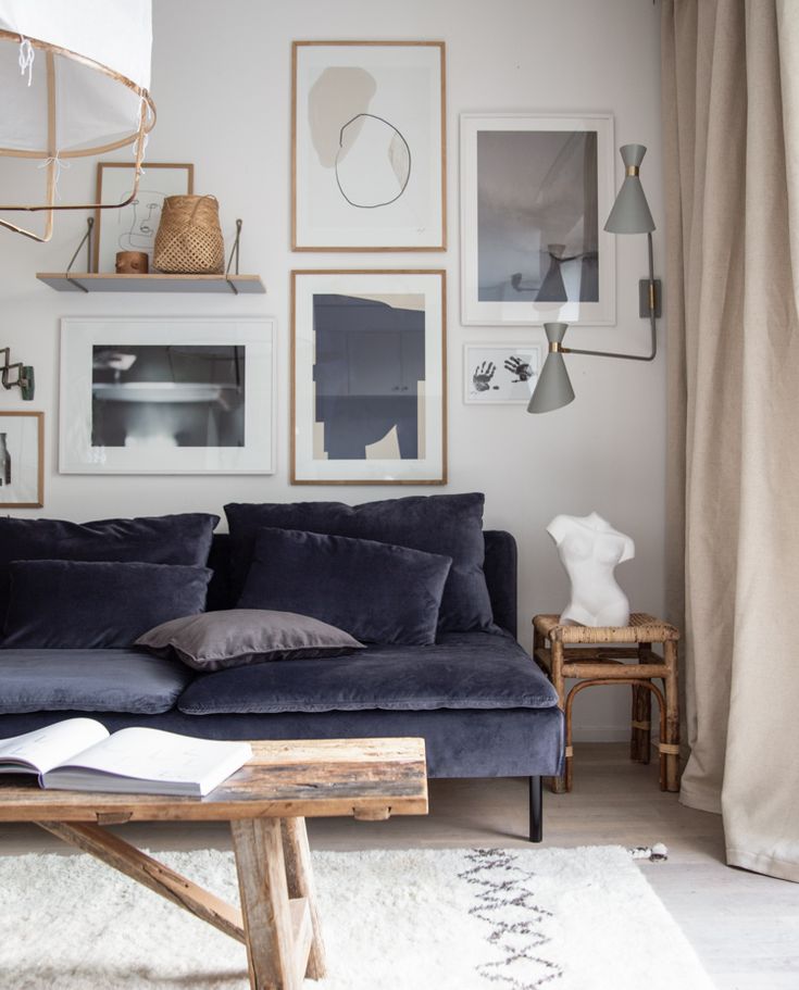 a living room filled with furniture and pictures on the wall above it's couch