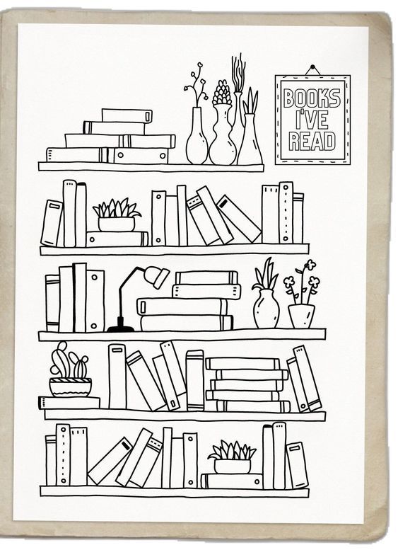 a black and white drawing of bookshelves with plants on each shelf, one has a sign that reads books i've read