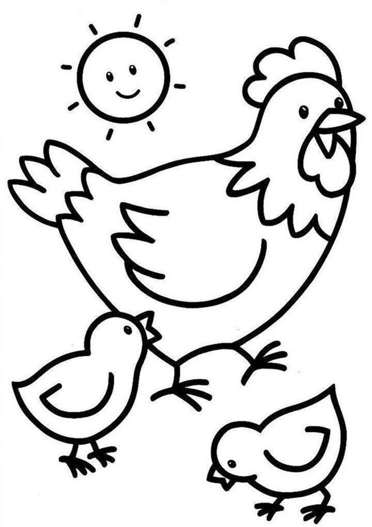 a black and white drawing of two chickens with the sun in the sky behind them