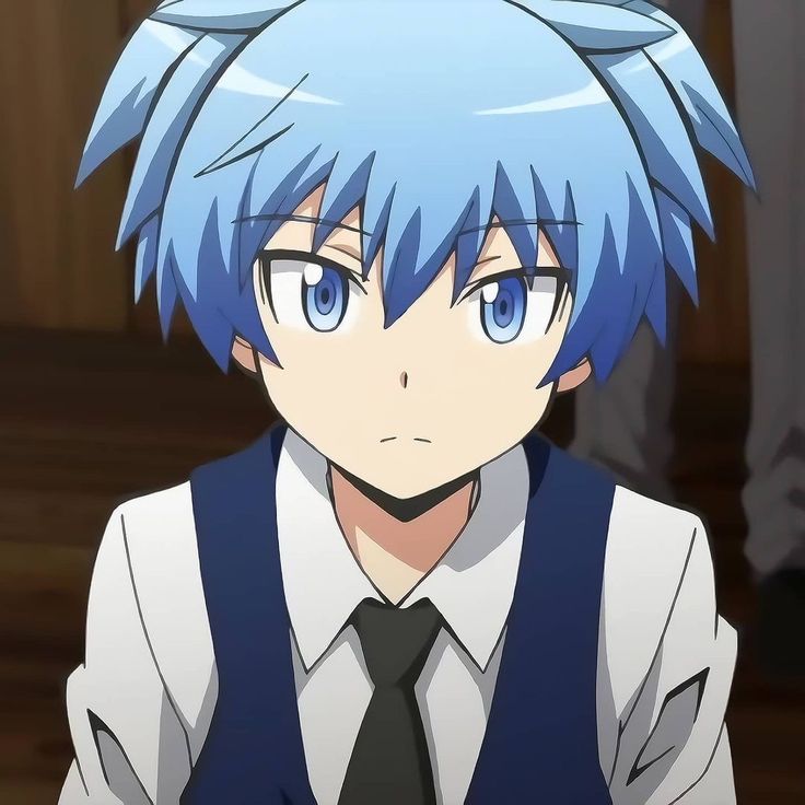 an anime character with blue hair wearing a vest, tie and white shirt is staring at the camera