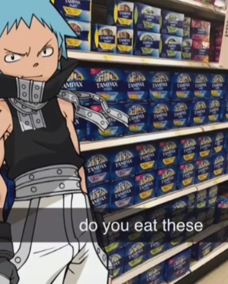 an anime character is standing in front of shelves with cans of sodas and the caption do you eat these?