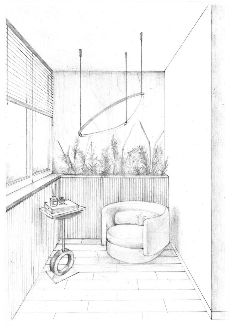 a drawing of a living room with couches and plants in the window sill