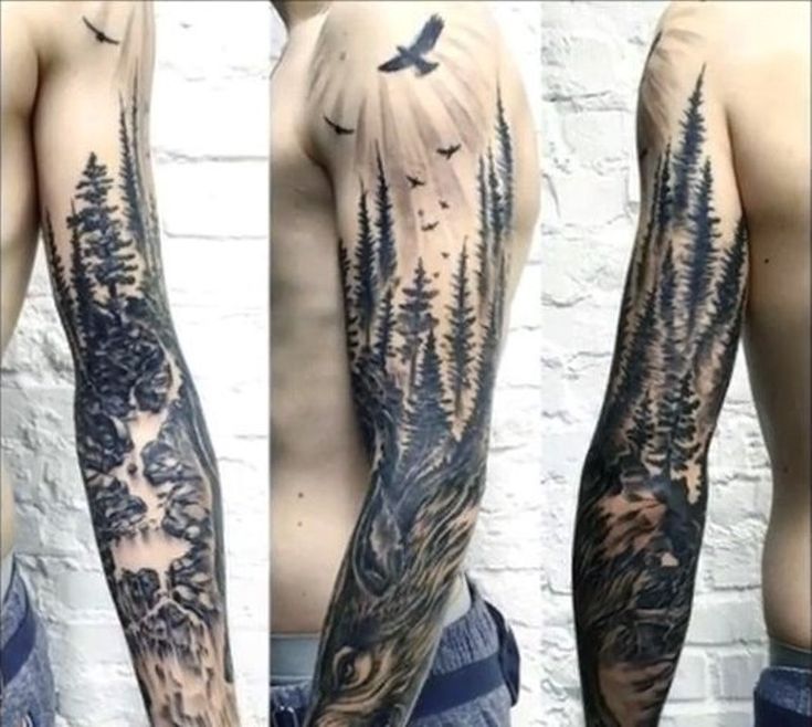 three different views of a man's arm with trees on it