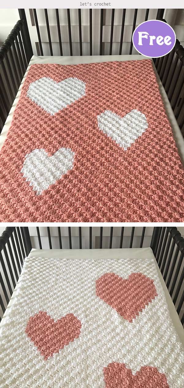 the crocheted baby blanket has hearts on it, and is ready to be made