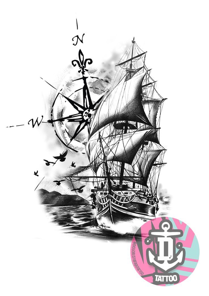 a black and white drawing of a sailboat in the ocean with birds flying around