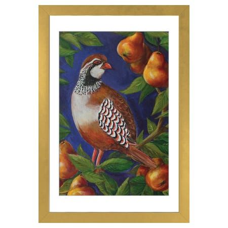 a painting of a bird on a tree branch with fruit in the background and blue sky