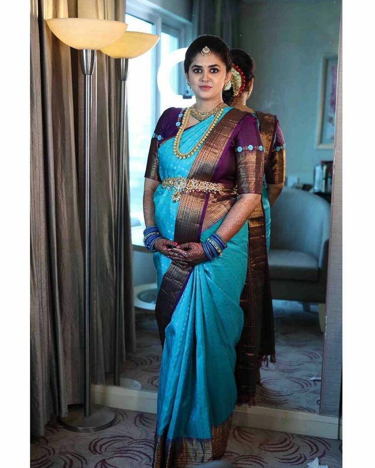 Sreemantham Blouse Designs, Pregnancy Saree Style, Sreemantham Sarees, Seemantham Saree, Traditional Saree Blouse Designs, Saree Colors, Indian Maternity, Bangle Ceremony, South Indian Bride Saree