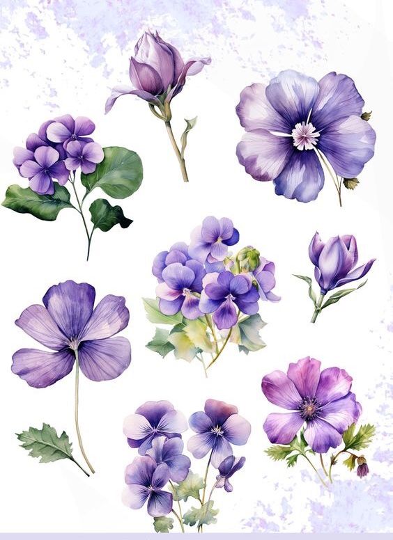 purple flowers with green leaves are shown in this watercolor painting style set on a white background