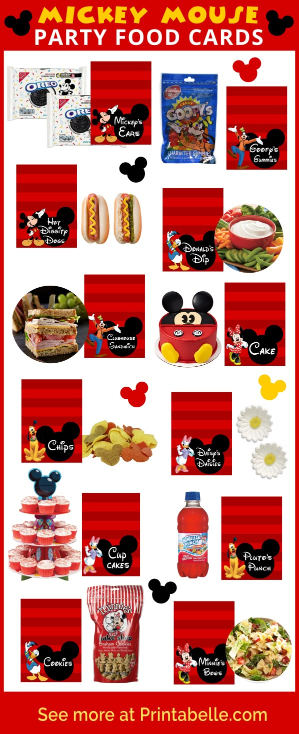 the mickey mouse party food card is shown in red, white and black with an image of