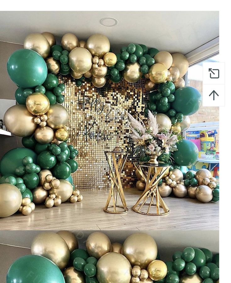 two pictures of green and gold balloons