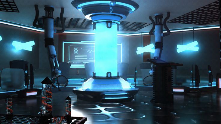 a sci - fi space station with blue lights and black objects in the foreground