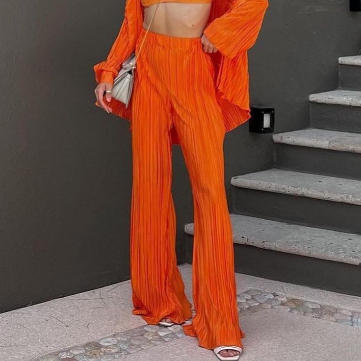 Showpo Beca Plisse Pants Fitted Orange Pantsuit For Spring, Spring Orange Fitted Pantsuit, Summer Party Wide-leg Pantsuit, Elegant Orange Straight Pants, Chic Full Length Summer Pantsuit, Chic Full-length Summer Pantsuit, Chic Summer Full Length Pantsuit, Spring Wide-leg Pantsuit For Night Out, Spring Night Out Pantsuit Trousers