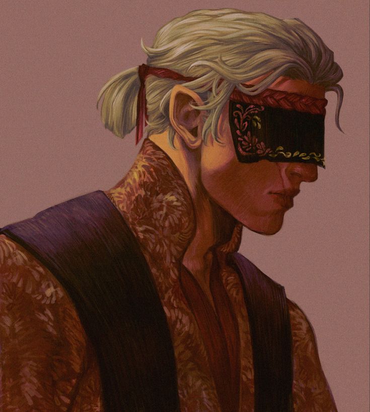 an image of a man with white hair wearing a blindfold and looking at something